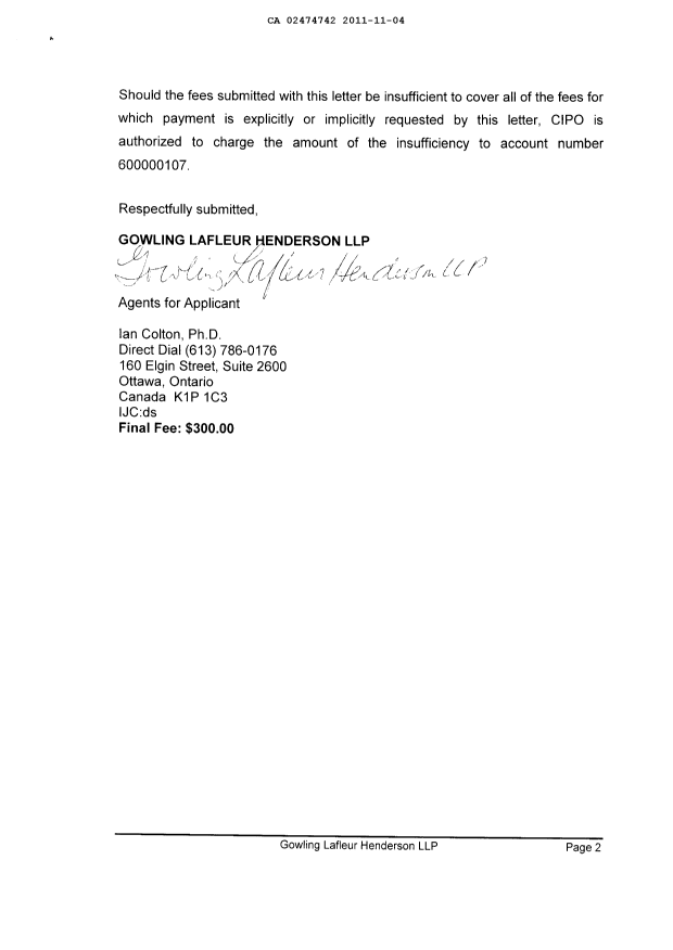 Document de brevet canadien 2474742. Correspondance 20101204. Image 2 de 2
