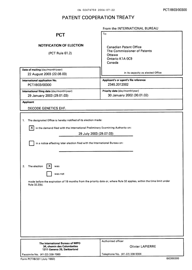 Document de brevet canadien 2474759. PCT 20040722. Image 1 de 16