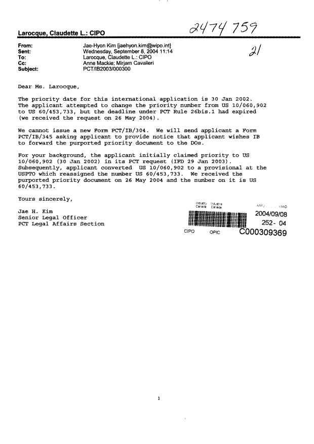 Document de brevet canadien 2474759. Correspondance 20040908. Image 1 de 1