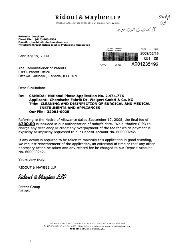 Document de brevet canadien 2474776. Correspondance 20090219. Image 1 de 1
