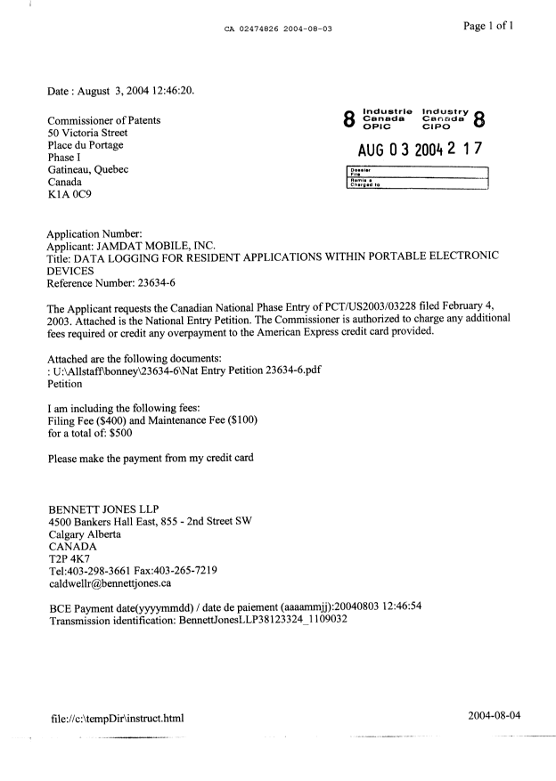 Document de brevet canadien 2474826. Cession 20040803. Image 1 de 3
