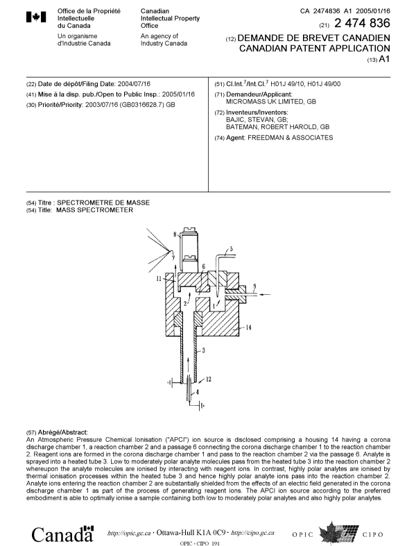 Document de brevet canadien 2474836. Page couverture 20041229. Image 1 de 1