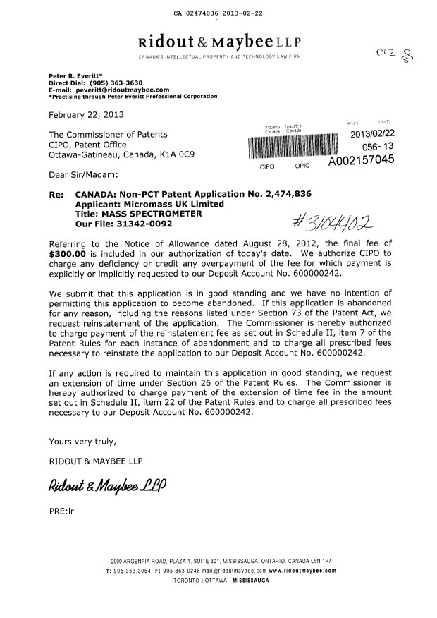 Document de brevet canadien 2474836. Correspondance 20130222. Image 1 de 1