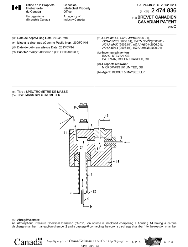 Document de brevet canadien 2474836. Page couverture 20130429. Image 1 de 2