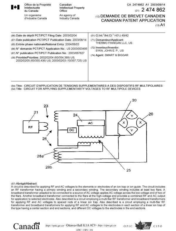 Document de brevet canadien 2474862. Page couverture 20041005. Image 1 de 1