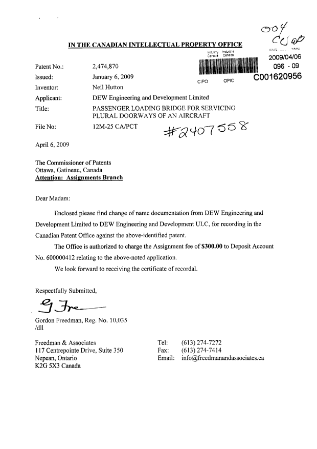 Document de brevet canadien 2474870. Cession 20090406. Image 1 de 6