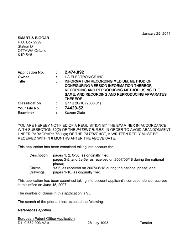 Canadian Patent Document 2474892. Prosecution-Amendment 20110125. Image 1 of 3