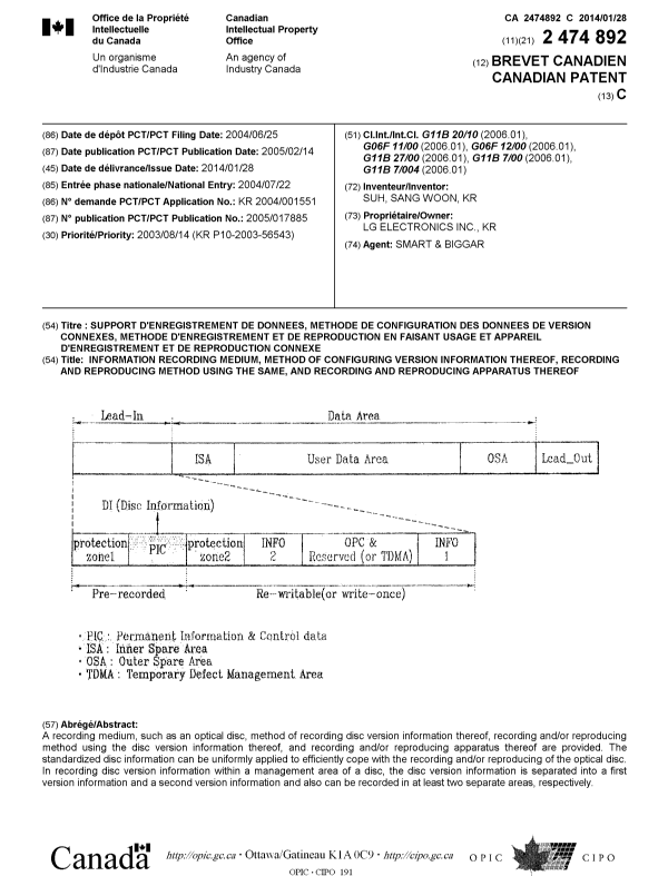 Document de brevet canadien 2474892. Page couverture 20131227. Image 1 de 1