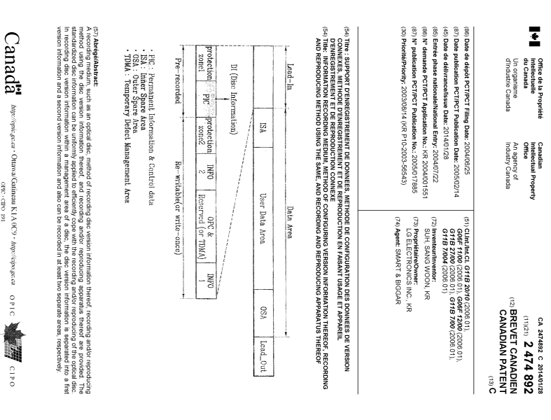 Canadian Patent Document 2474892. Cover Page 20131227. Image 1 of 1