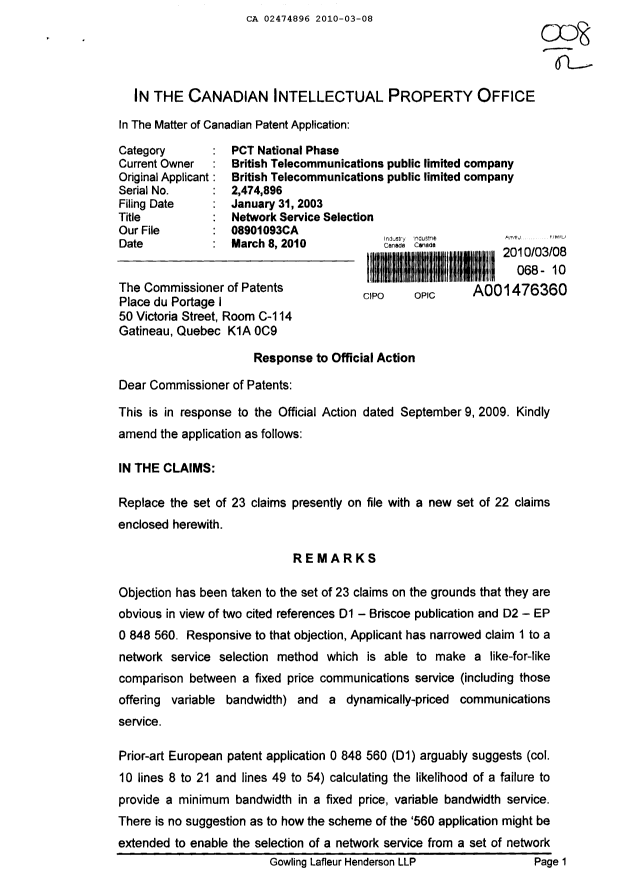 Canadian Patent Document 2474896. Prosecution-Amendment 20100308. Image 1 of 8