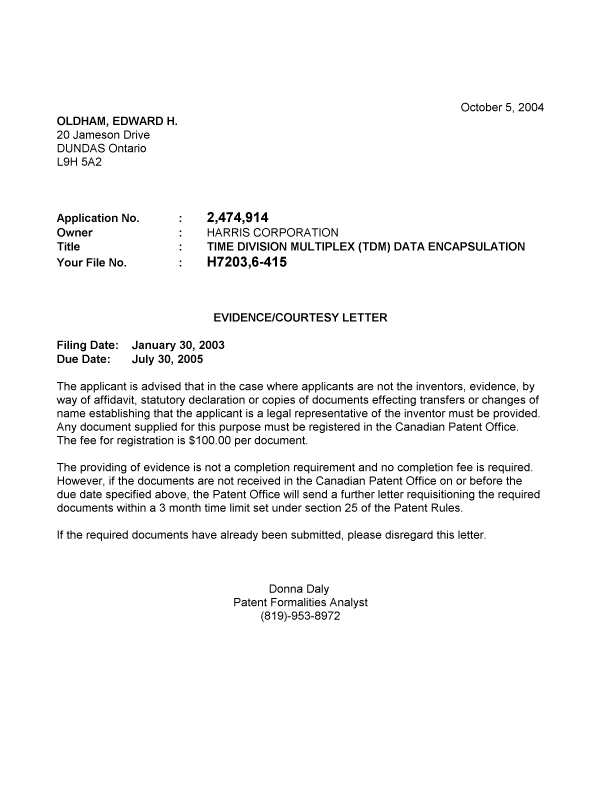 Canadian Patent Document 2474914. Correspondence 20040930. Image 1 of 1