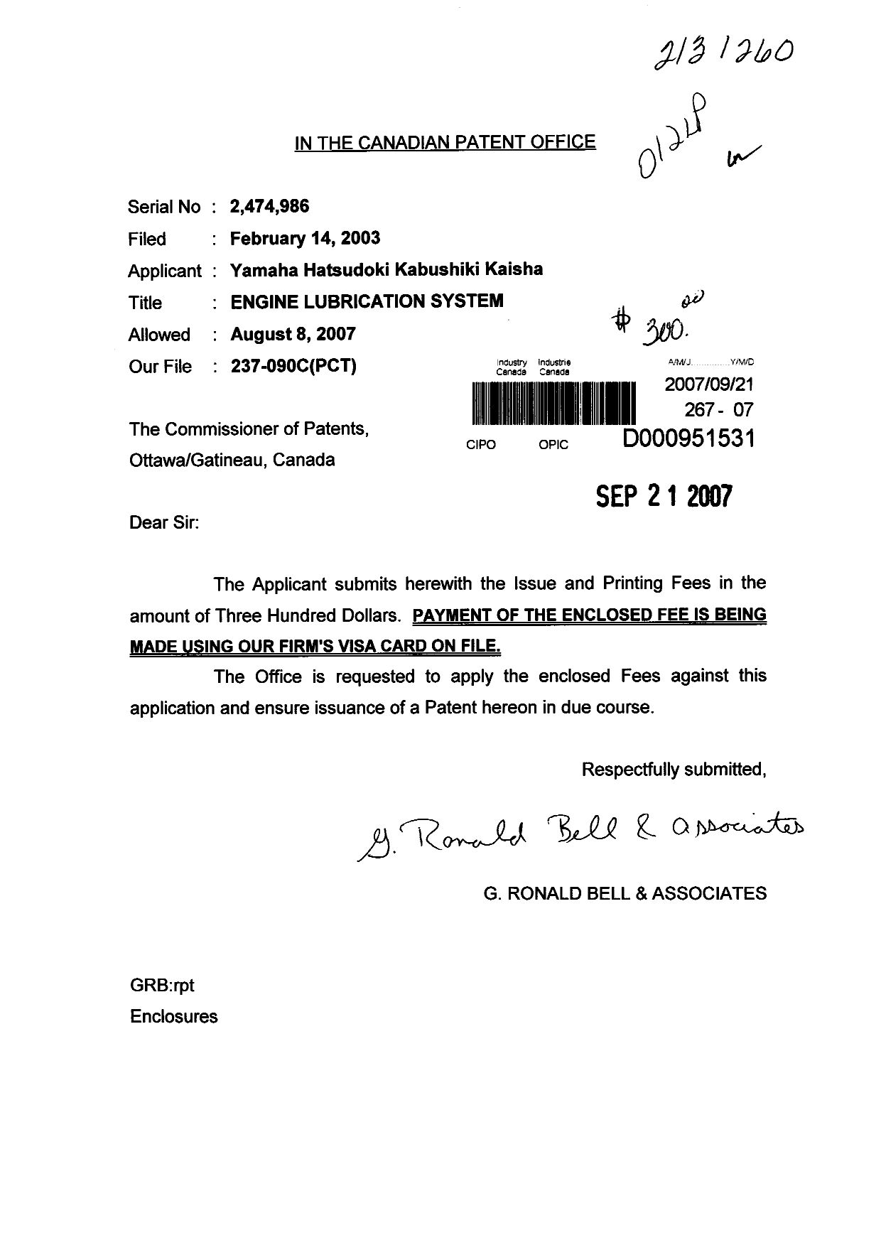 Canadian Patent Document 2474986. Correspondence 20070921. Image 1 of 1