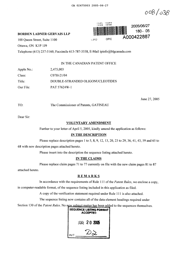 Canadian Patent Document 2475003. Prosecution-Amendment 20041227. Image 1 of 45