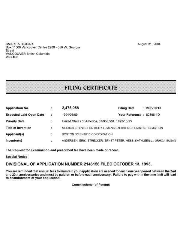 Canadian Patent Document 2475058. Correspondence 20040831. Image 1 of 1