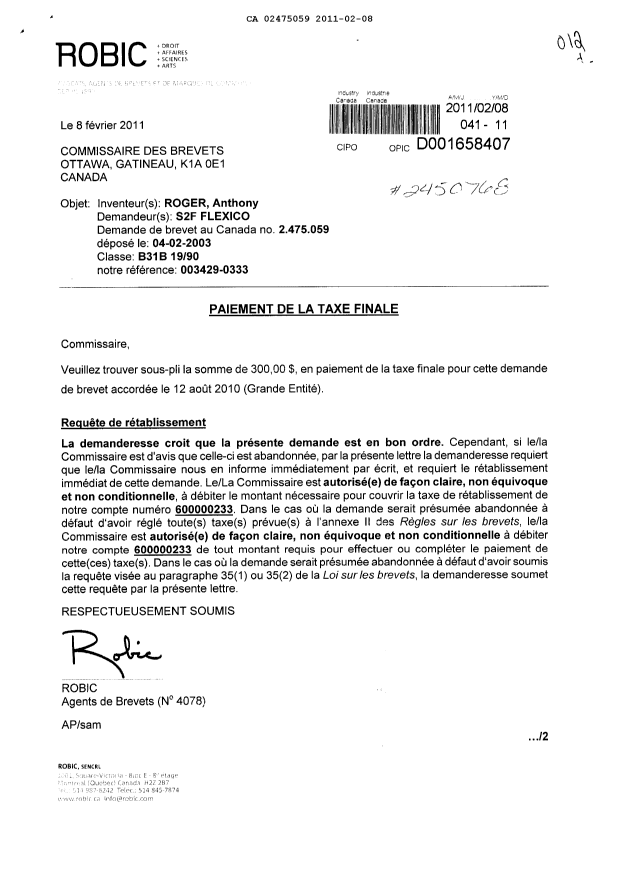 Document de brevet canadien 2475059. Correspondance 20110208. Image 1 de 2