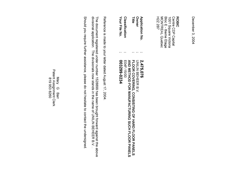 Canadian Patent Document 2475076. Correspondence 20041203. Image 1 of 1