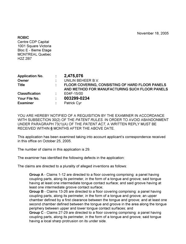 Canadian Patent Document 2475076. Prosecution-Amendment 20041218. Image 1 of 2