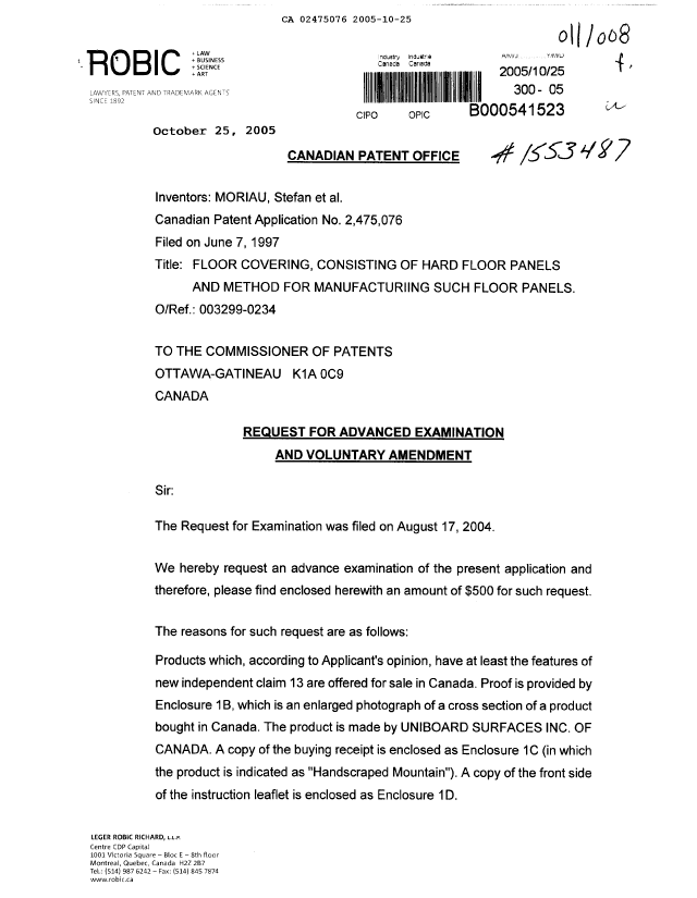 Canadian Patent Document 2475076. Prosecution-Amendment 20041225. Image 1 of 22
