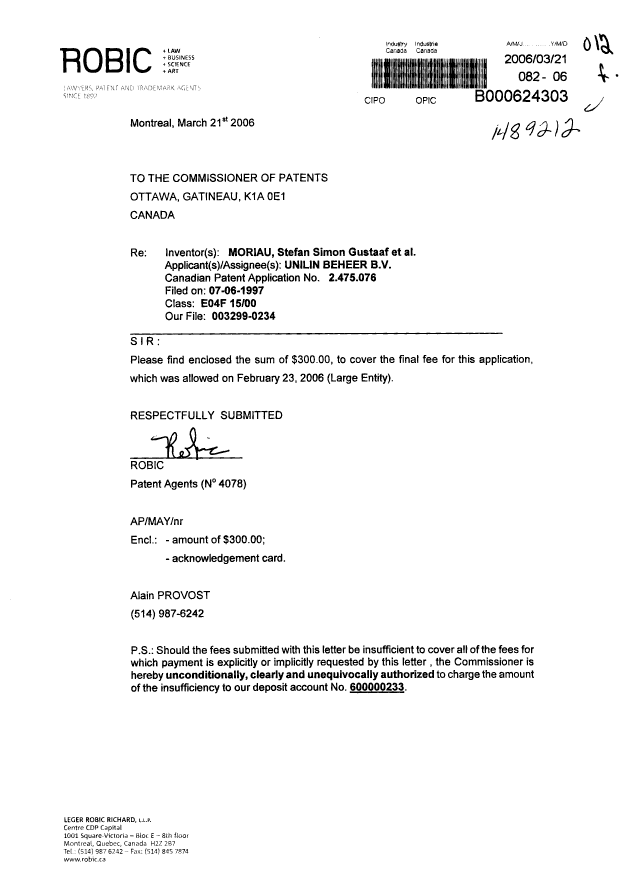 Canadian Patent Document 2475076. Correspondence 20051221. Image 1 of 1
