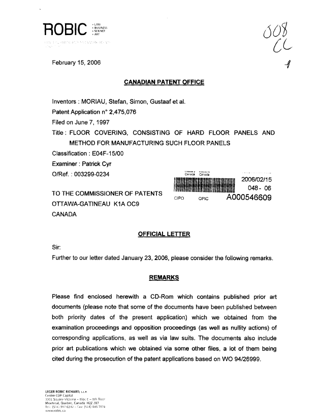 Canadian Patent Document 2475076. Prosecution Correspondence 20060215. Image 1 of 2