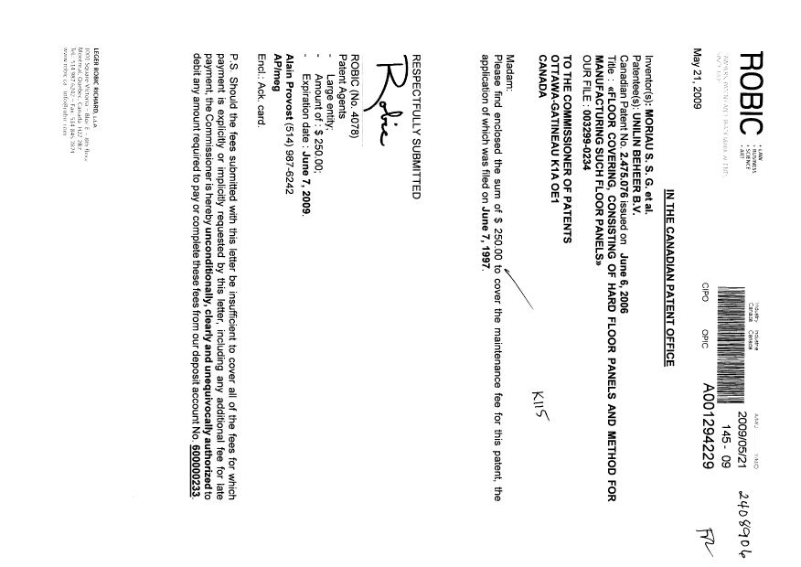 Document de brevet canadien 2475076. Taxes 20081221. Image 1 de 1