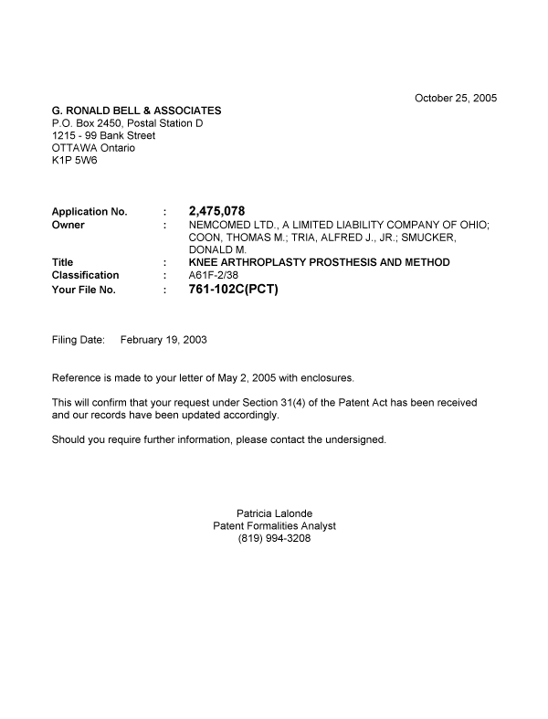 Canadian Patent Document 2475078. Correspondence 20051020. Image 1 of 1