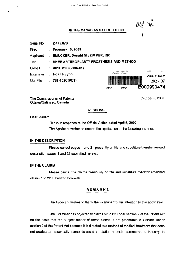 Canadian Patent Document 2475078. Prosecution-Amendment 20071005. Image 1 of 12