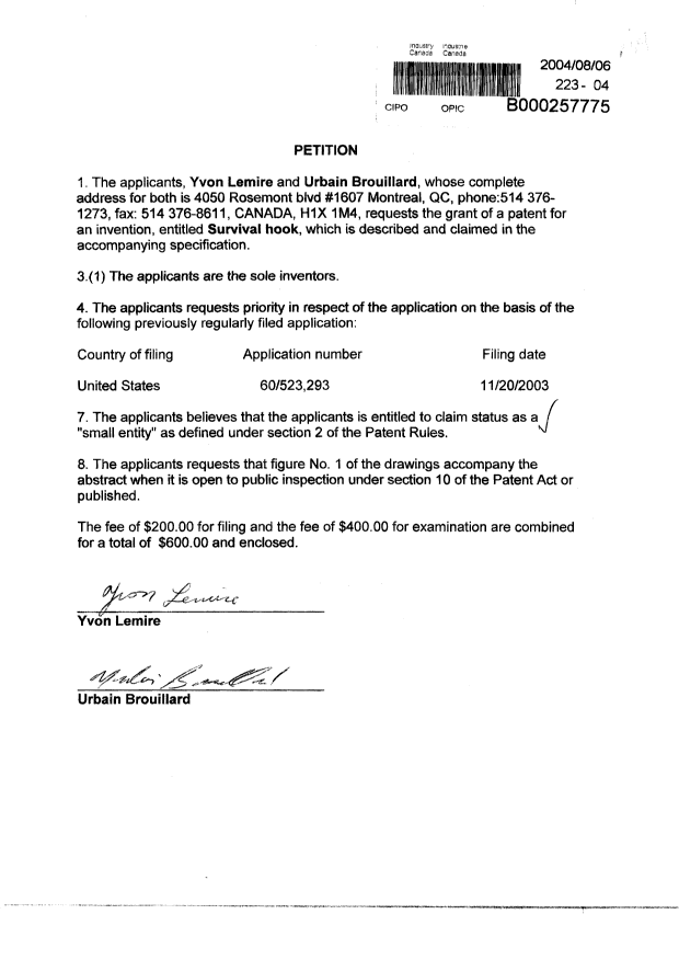 Document de brevet canadien 2475109. Cession 20040806. Image 1 de 1