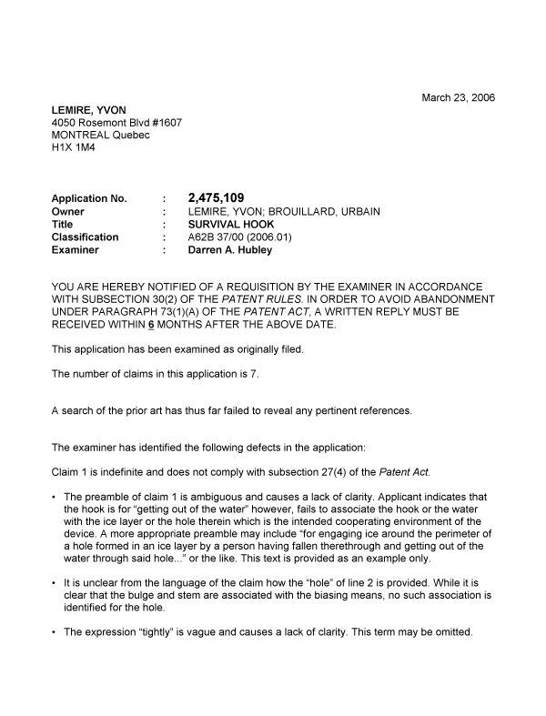 Document de brevet canadien 2475109. Poursuite-Amendment 20060323. Image 1 de 7