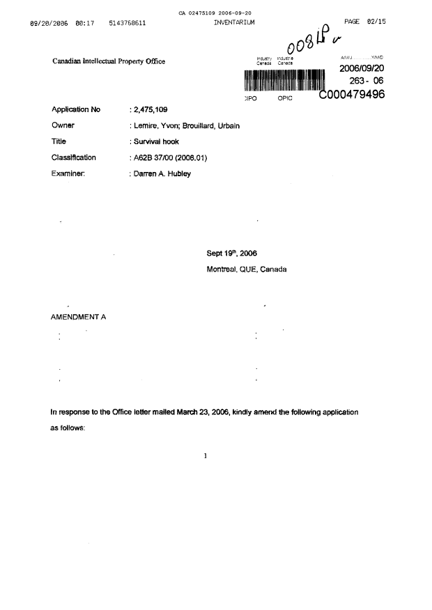 Document de brevet canadien 2475109. Poursuite-Amendment 20060920. Image 1 de 15