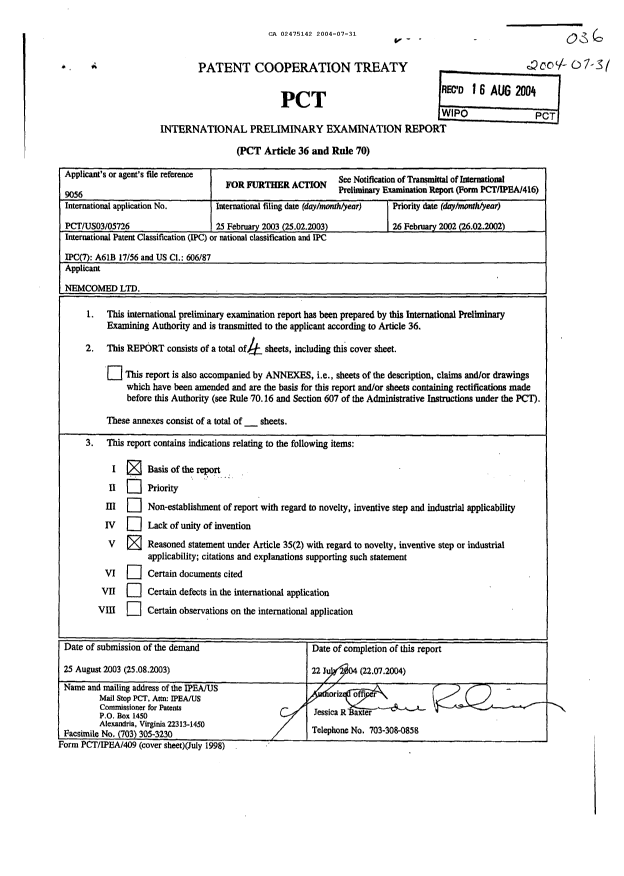 Document de brevet canadien 2475142. PCT 20031231. Image 1 de 4