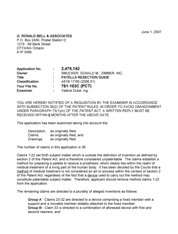 Canadian Patent Document 2475142. Prosecution-Amendment 20070601. Image 1 of 3