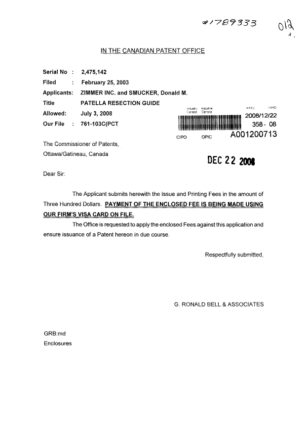 Canadian Patent Document 2475142. Correspondence 20071222. Image 1 of 1