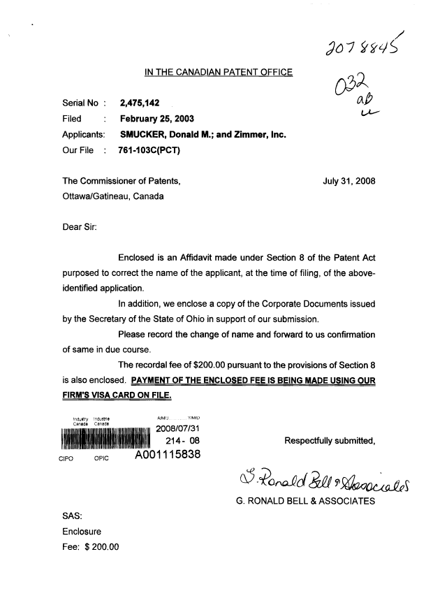 Document de brevet canadien 2475142. Correspondance 20080731. Image 1 de 15