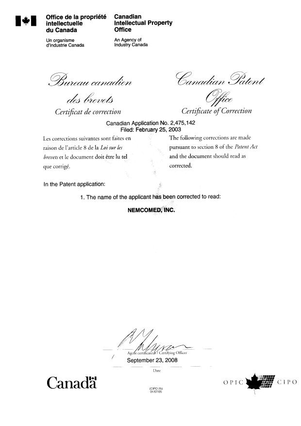 Canadian Patent Document 2475142. Cover Page 20080923. Image 2 of 2
