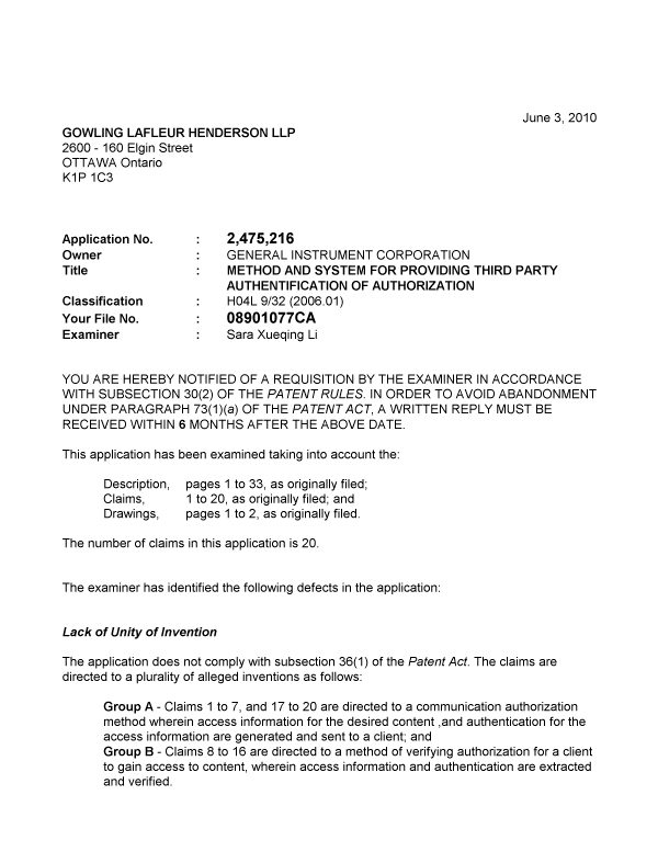 Canadian Patent Document 2475216. Prosecution-Amendment 20100603. Image 1 of 3