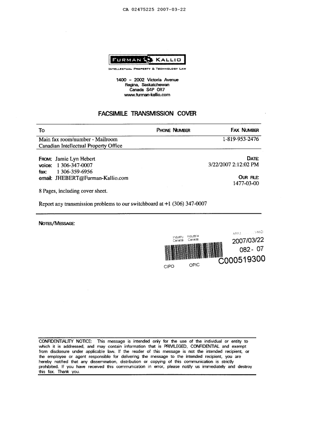 Canadian Patent Document 2475225. Prosecution-Amendment 20070322. Image 8 of 8