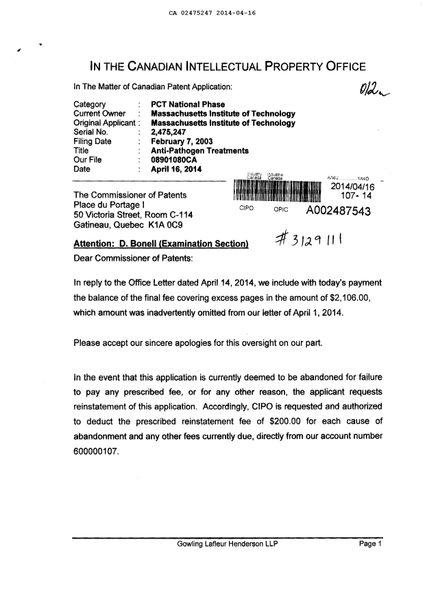 Canadian Patent Document 2475247. Correspondence 20131216. Image 1 of 2