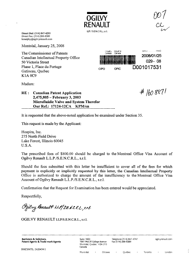 Canadian Patent Document 2475805. Prosecution-Amendment 20080118. Image 1 of 2