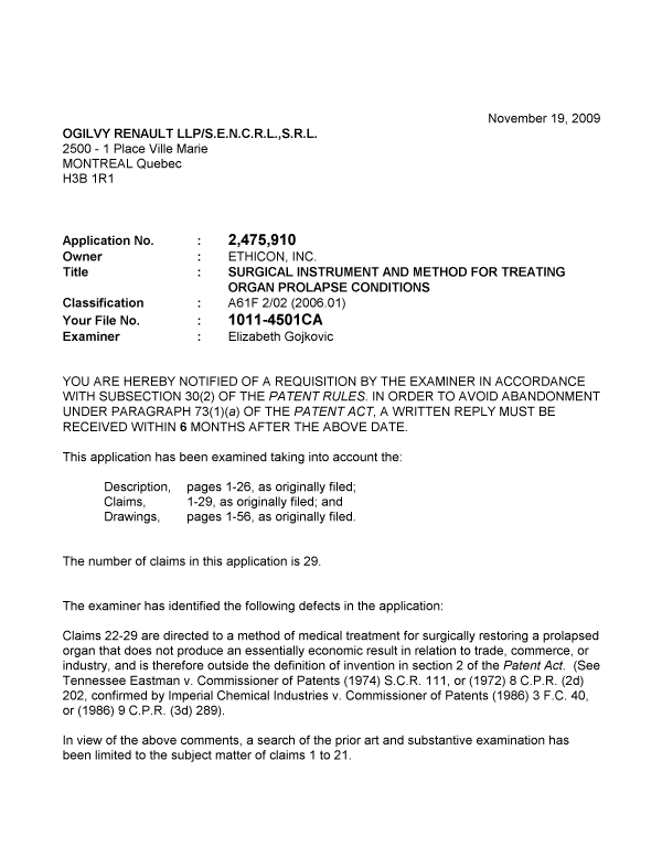 Canadian Patent Document 2475910. Prosecution-Amendment 20091119. Image 1 of 4