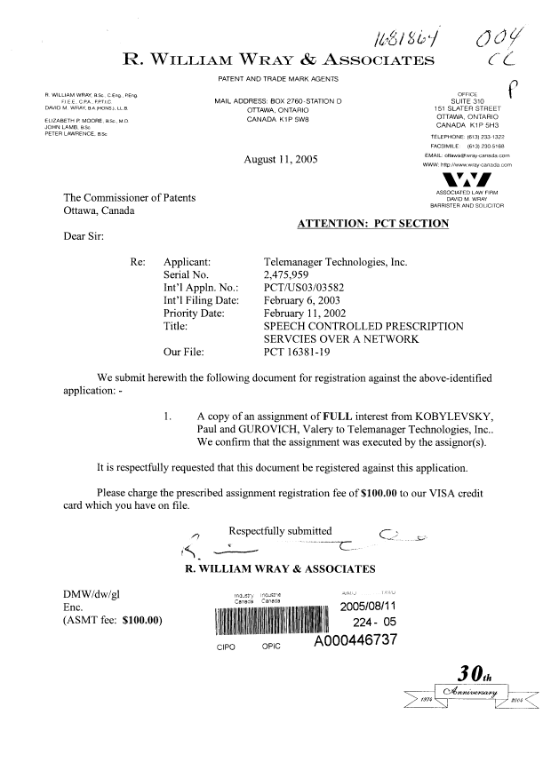 Canadian Patent Document 2475959. Assignment 20050811. Image 1 of 6