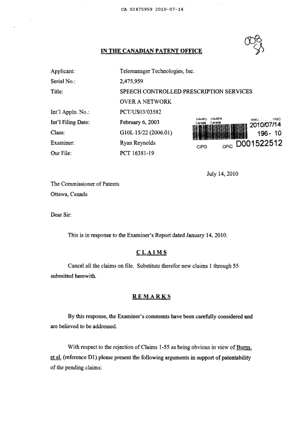 Document de brevet canadien 2475959. Poursuite-Amendment 20100714. Image 1 de 26