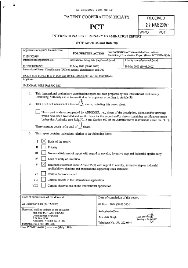 Document de brevet canadien 2475981. PCT 20040810. Image 1 de 7