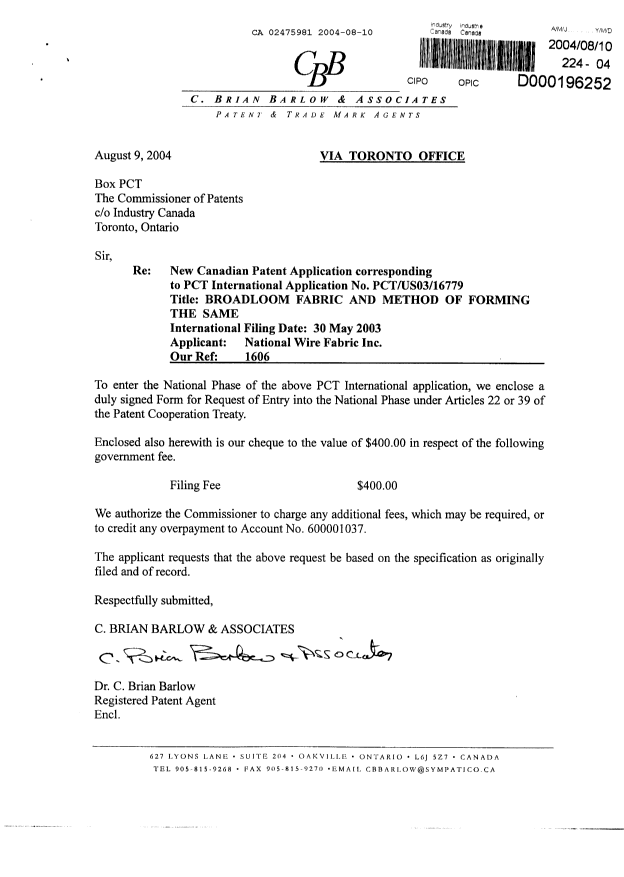Document de brevet canadien 2475981. Cession 20040810. Image 1 de 3
