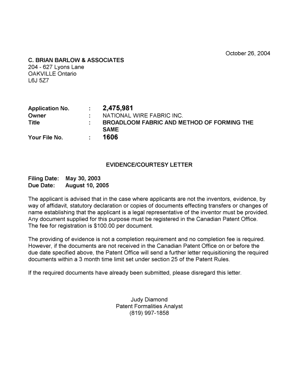 Document de brevet canadien 2475981. Correspondance 20041021. Image 1 de 1
