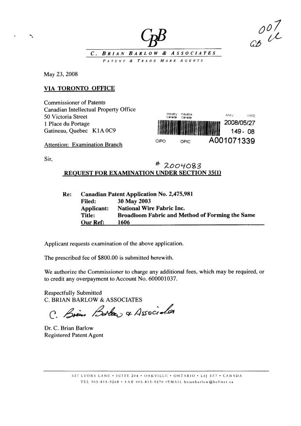 Canadian Patent Document 2475981. Prosecution-Amendment 20080527. Image 1 of 1