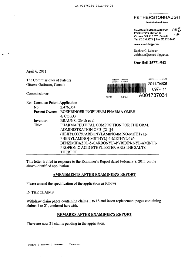 Canadian Patent Document 2476054. Prosecution-Amendment 20110406. Image 1 of 9