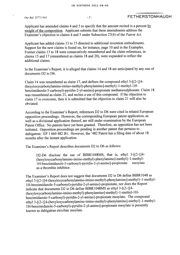 Canadian Patent Document 2476054. Prosecution-Amendment 20110406. Image 2 of 9