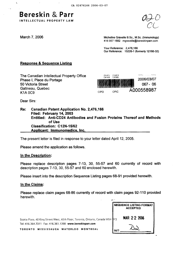 Canadian Patent Document 2476166. Correspondence 20060307. Image 1 of 57