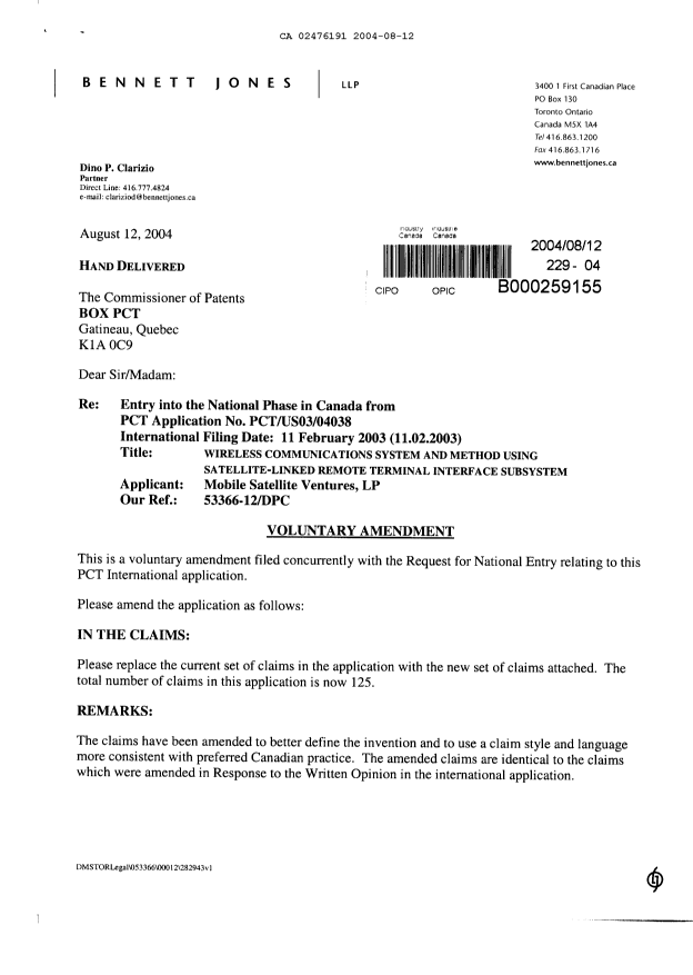 Canadian Patent Document 2476191. Prosecution-Amendment 20040812. Image 1 of 25
